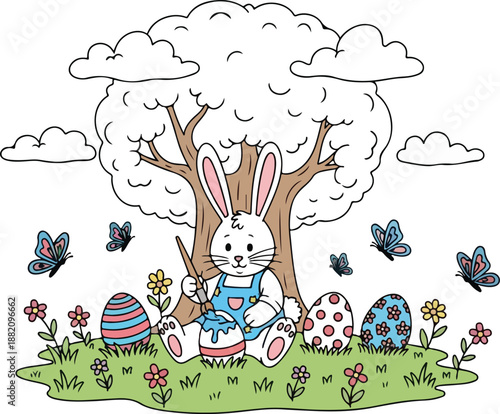 Easter sunday celebration with bunny and eggs in blooming garden