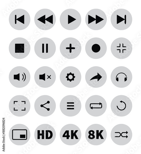 Media player control button interface with different functions such as rewind fast forward play pause stop volume control repeat for video and audio content