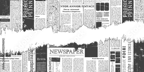 Vector white and black newspaper paper grunge vintage old aged texture with fragments of newspaper text Transparent background. Newspaper with old grunge vintage unreadable paper texture background.