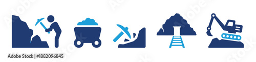 Mining industry icons featuring extraction process from mine and transportation equipment on clean backdrop for design element with maximum character limit