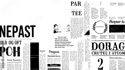 Vector white and black newspaper paper grunge vintage old aged texture with fragments of newspaper text Transparent background. Newspaper with old grunge vintage unreadable paper texture background.