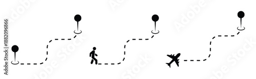 Navigation location pin for travel journey with destination point using walking airplane transportation to arrive on place for business and vacation trip planning