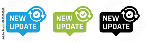 New Update Badge Set Vector Illustration Green Black and Blue Colors Chat Bubbles Icon With Arrows Update Sign Label Isolated on White Exactly 200 Characters Allowed