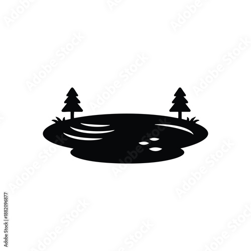 Black and white vector landscape with lake and pine trees minimal nature illustration