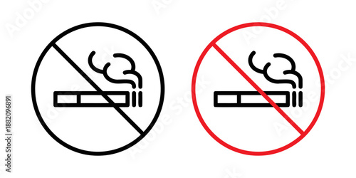 No Smoking Sign Icon in Black and Red Color with Two Styles, Solid Style and Outline Isolated on White Background in Vector Format for Prohibition