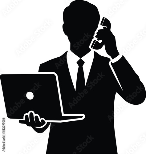 Businessman using laptop and mobile phone, professional communication, black silhouette