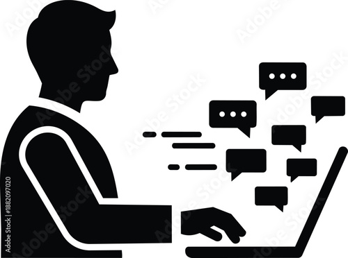 Man using laptop with chat bubbles, online communication, vector art