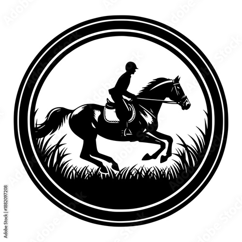 Equestrian silhouette logo: A dynamic logo captures the essence of equestrianism, showcasing a rider astride a powerful horse as they clear a fence. This design embodies elegance, precision.