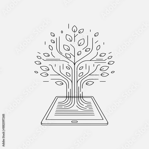 Digital tree with leaves emerging from a tablet screen, showcasing a modern technology and nature fusion design concept in a simple line art style.
