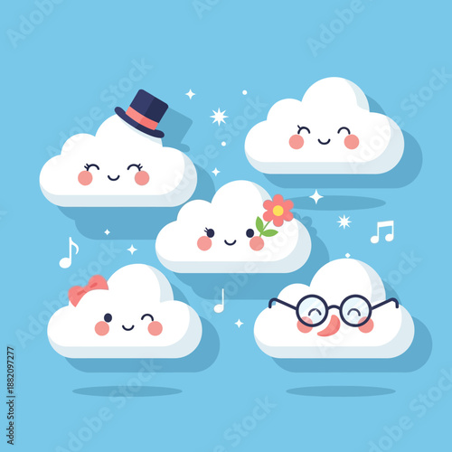 Whimsical cartoon clouds with diverse facial expressions and accessories floating in a serene environment
