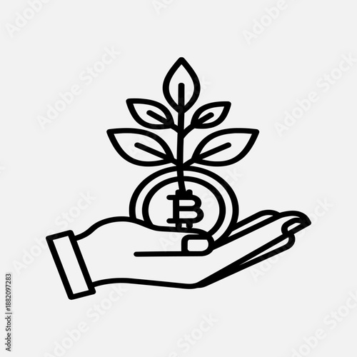 Hand holding a coin with a bitcoin symbol and a growing plant, representing digital currency and financial growth