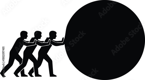 Three Silhouetted People Pushing Large Black Ball Together in Vector Art Style