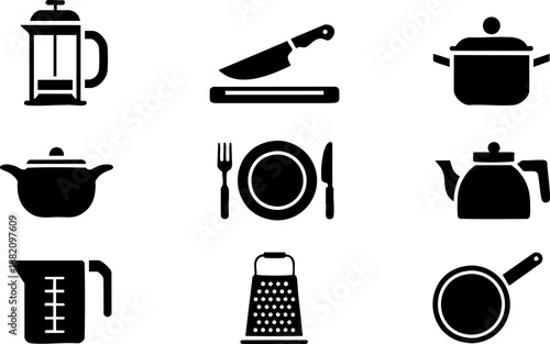 Kitchen Utensil Icon Set with French Press, Knife, Pot, Kettle, Grater, and Frying Pan Graphics