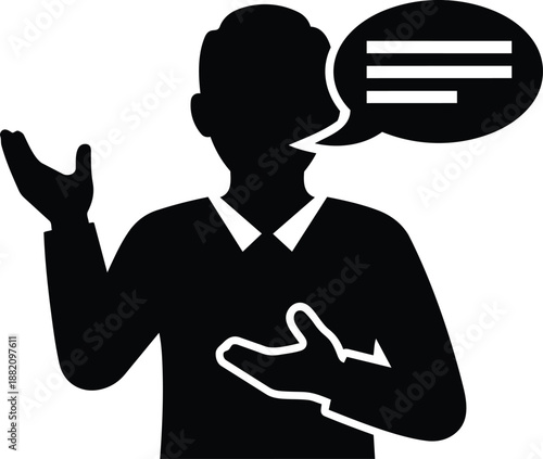 Silhouette of a man speaking with a speech bubble, vector art icon