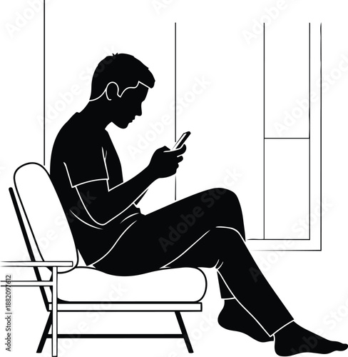 Man Relaxing on Chair Using Smartphone and Headphones, Minimalist Modern Interior