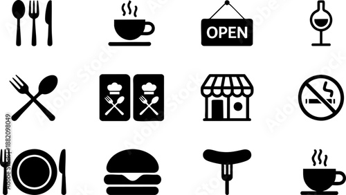 Restaurant Icon Set with Cutlery, Coffee, Menu, Burger, Wine, and Kitchen Symbols in Monochrome