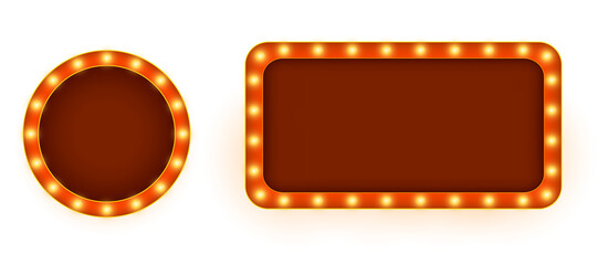 Retro light box frame border in 16:9 aspect ratio with glowing red marquee bulbs and shining vintage cinema banner style ideal for web thumbnails, presentations, promotional posters and isolated vecto