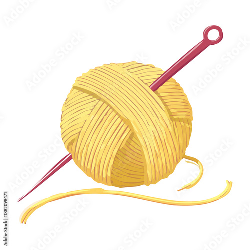 yellow yarn ball with red knitting needle for handmade textile craft and creative hobby design project