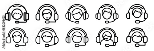 set of vector customer support headset icon. Customer service editable line icons set.