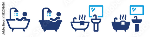 Relaxing Bath Time Vector Icon Set Showcasing Personal Hygiene and Comfortable Bathroom Moments in Blue and White for Wellness and Self Care