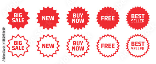 Red Sale Tags and Promotional Badges Collection Featuring Starburst Shapes and Text Like Big Sale New Buy Now Free and Best Seller for Marketing Purposes
