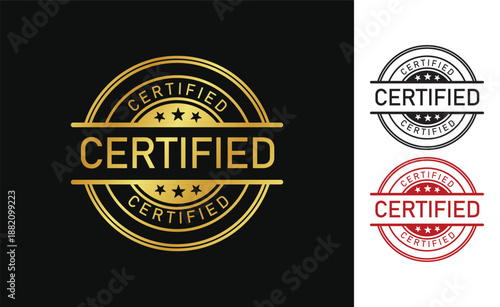 Round certified badge, isolated on a white background. Luxurious and elegant gold label. For icons, logos, seals, symbols, stamps, stickers, banners, and emblems. Vector illustration.