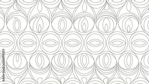 Seamless black and white line art pattern featuring repeating circular geometric motifs with elegant stylized eye shapes creating a continuous modern decorative wallpaper background
