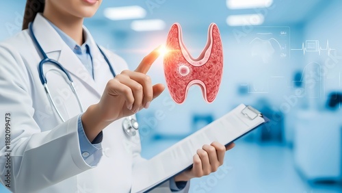 Female doctor pointing to thyroid gland image while holding a clipboard