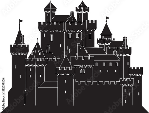 Silhouette of a grand medieval castle with multiple towers and flags
