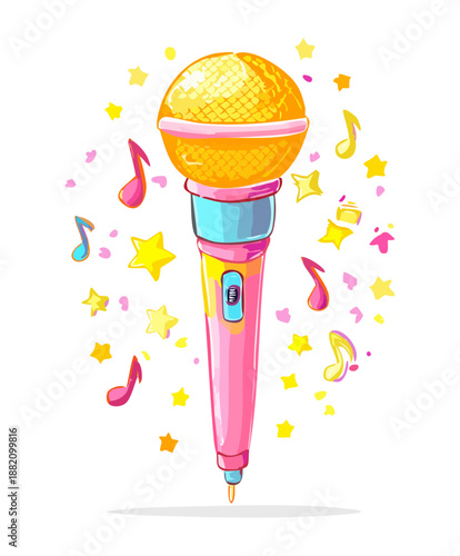 colorful retro microphone with stars and musical notes for podcasting and entertainment design project theme