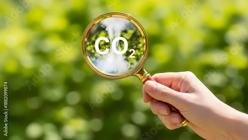 Hand holding magnifying glass focuses on co2 symbol against green leaves