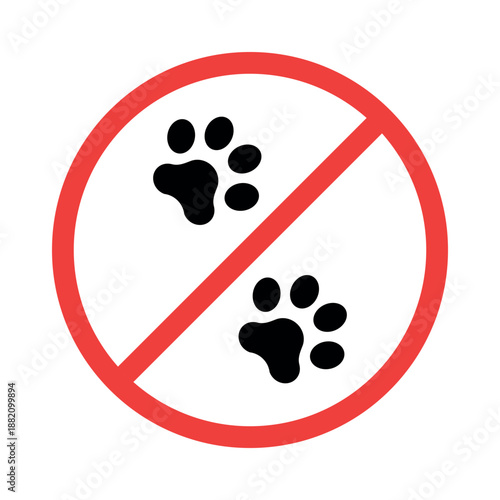 No pets allowed flat sign with cat paws on white background. Animal footprint, forbidden pet icon.