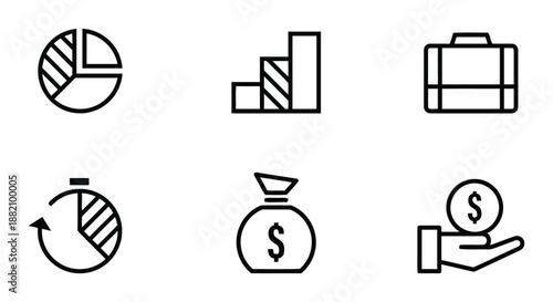Set of business icons design in vector style with chart graph briefcase money bag watch timer and statistics symbol isolated on white background
