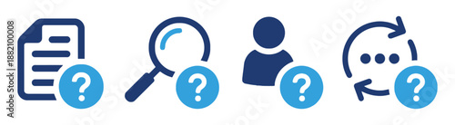 Set of business icons representing document search people and service available to help online support assistance with questions assistance and consultation concept