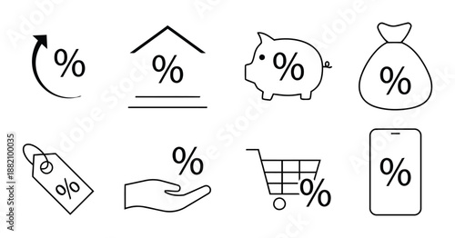 Set of business percentage icons in vector finance and discount concept as promotion marketing and offer of financial interest sale with shopping sign investment
