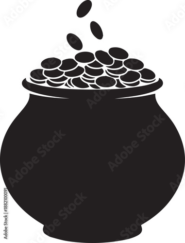 Black silhouette of a pot overflowing with falling coins