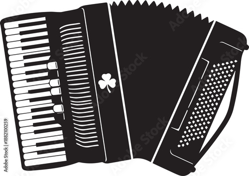 Black silhouette of an accordion with a shamrock emblem