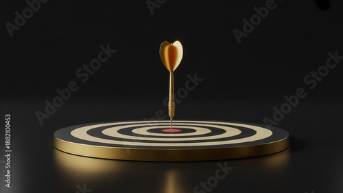 Dart hitting bullseye on target board with gold arrow, precision and accuracy concept