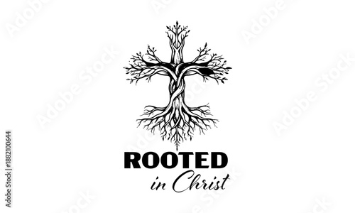 Rooted in Christ. Biblical Phrase, Christian typography for banner, poster, photo overlay, apparel design
