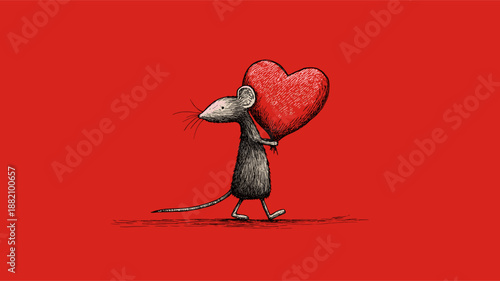 Cartoon gray rat running with a large red heart on a solid red background. Cute gray rat carrying red heart running