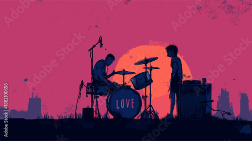 Drummer performing on a city rooftop at sunset, playing a song about love. Drummer playing love song on urban rooftop