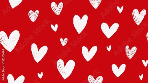 White outline and filled hearts scattering on a red watercolor textured surface. Hand drawn white hearts seamless pattern on red background