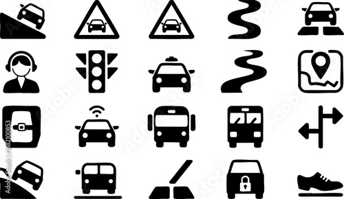 Transport and Traffic Icons | Road Safety, Navigation, Car, Bus, and Travel Vector Symbol Collection
