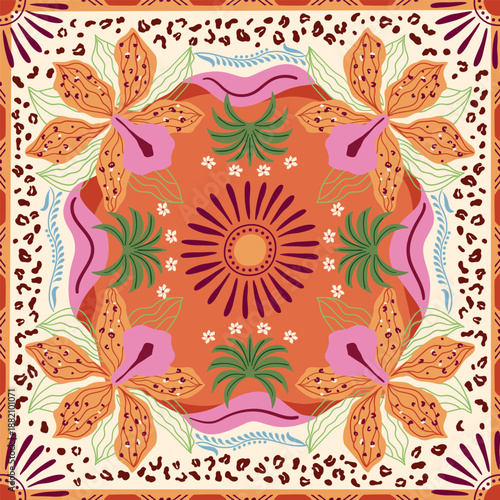 Floral tropical tile, scarf, square seamless pattern. Leopard skin spots, jungle leaves, geometric ornament, tribal elements, ethnic sun. Vector summer vacation print, background, textile design.