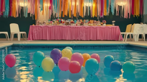 Colorful balloons floating in a swimming pool with a vibrant party setup in the background, a festive and dynamic clip
