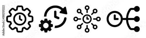 Set of Four Clock Icons with Gear and Arrow Symbols Representing Time Management Configuration Settings and Distribution