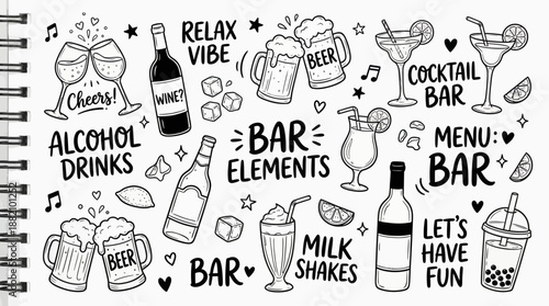 Cocktail Bar & Drink Doodle Vector Set – Festive Black-and-White Icons of Alcohol, Tea, Shakes, and Fun Vibes for Menu Design Use