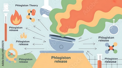 Historical Phlogiston Theory Scientific Infographic Explaining Combustion and Gas Release