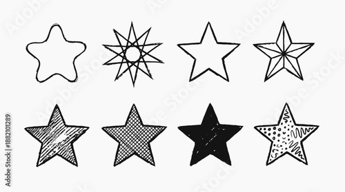 Star Shape Vector Icon Set – 8 Artistic Black-and-White Outlined and Filled Stars for Design, Pattern Recognition, and Decorative Illustration Use