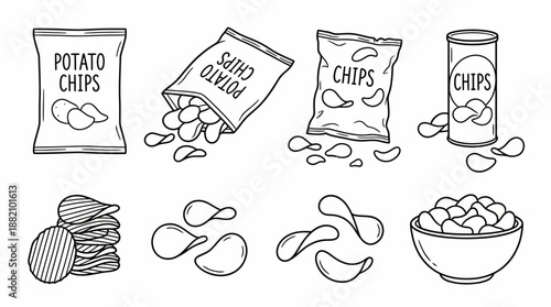 Potato Chip Packaging Vector Set –  Black-and-White Icons of Bags, Bowls, Stacks, and Containers for Snack Branding and Food Design Use